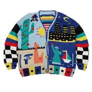 Vintage Teacher Americana Knit Cardigan USA Statue of Liberty Southwest Scene XL